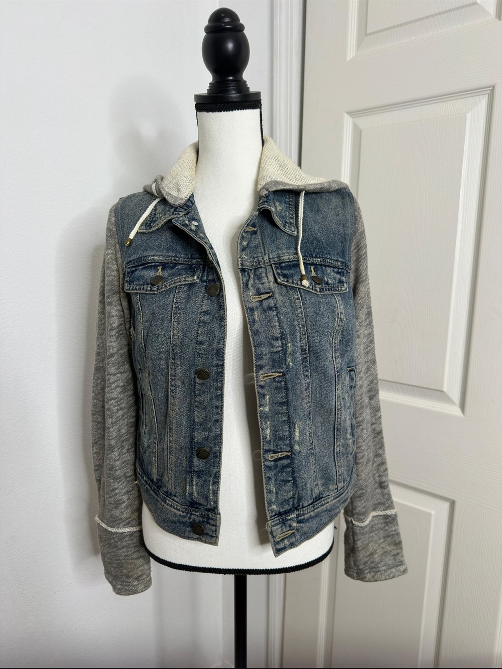 Free People Blue Denim Jacket with Gray Knit Sleeves and Hood
